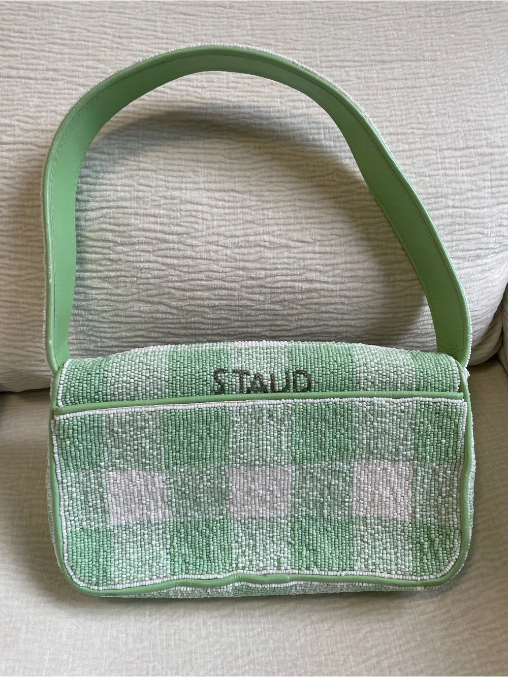 STAUD Green and White Checkered Beaded Shoulder Bag